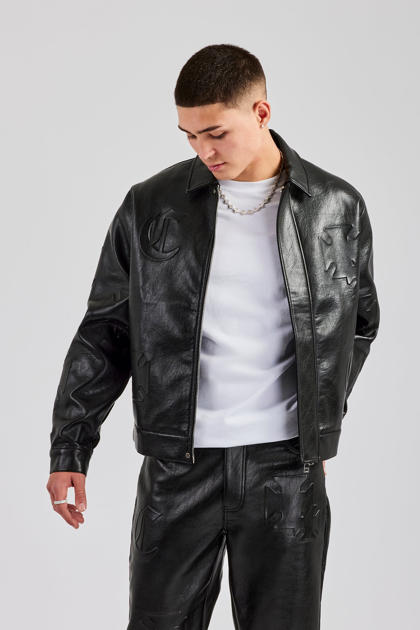 Set aus Jacke und Hose aus PU mit geprägtem Motiv - Schwarz